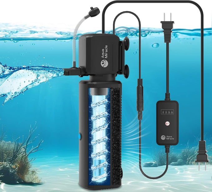 AquaMiracle aquarium filter SV-800, 8W, 225GPH, 20-70 gallon tank, U-V light & timer, filter sponge, aeration & rainfall modes.