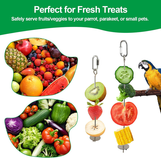 3-Pcs Stainless Steel Parrot Fruit & Vegetable Skewer Toy 6.9in/17.5cm, 8.9in/22.5cm, 10.8in/27.5cm