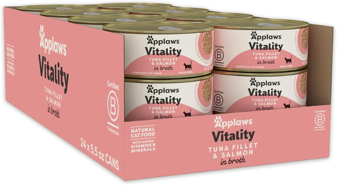 aplaws vitality wet cat food in broth, 12 count, 5.5 oz cans, grain-free, carrageenan free, variety selection