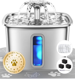 Veken Stainless Steel Cat Water Fountain, 108oz/3.2L Automatic Pet Fountain with 3 Replacement Filters & Silicone Mat, Silver