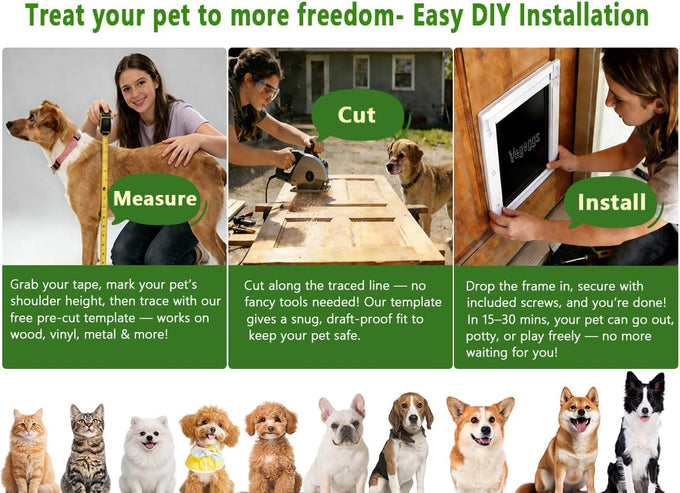Large dog door for wood & PVC doors & walls, 10 1/8" x 15 3/4" flap opening, easy install, strong magnetic auto-close & sliding lock