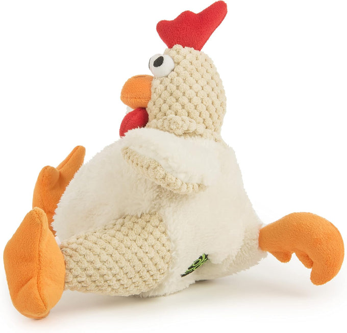 goDog Checkers Fat Rooster Squeaky Plush Dog Toy with Chew Guard Technology - White, Large Model, Soft and Durable Design