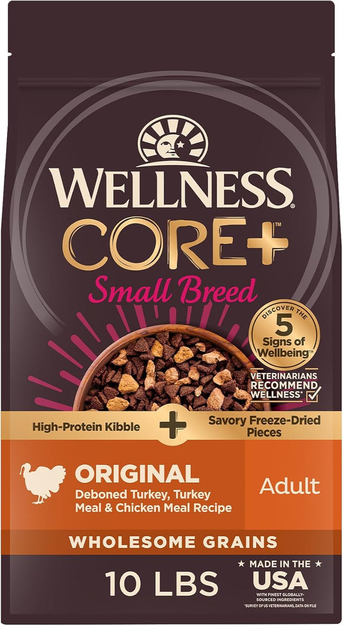 Wellness CORE+ Small Breed Adult Dry Dog Food with Freeze Dried Pieces, Wholesome Grain Kibble+, Natural, High Protein, Turkey and Chicken Recipe, 4 lb Bag