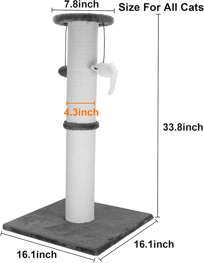 34-Inch heavy-duty grey cat scratching post with cotton rope and hanging ball for indoor cats