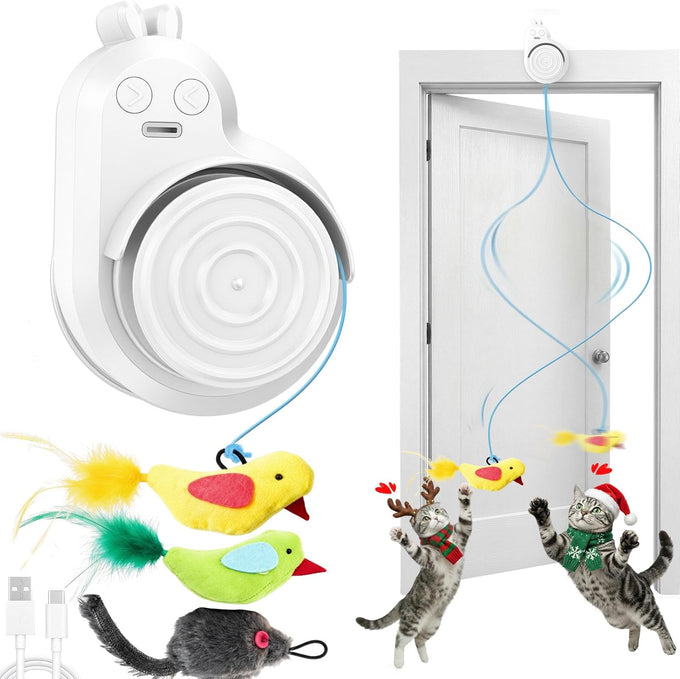 Automatic Flying Bird Feather & Mouse Wand Cat Toy for Indoor Cats, Hands-Free USB-Rechargeable Safe Play Chase Exercise