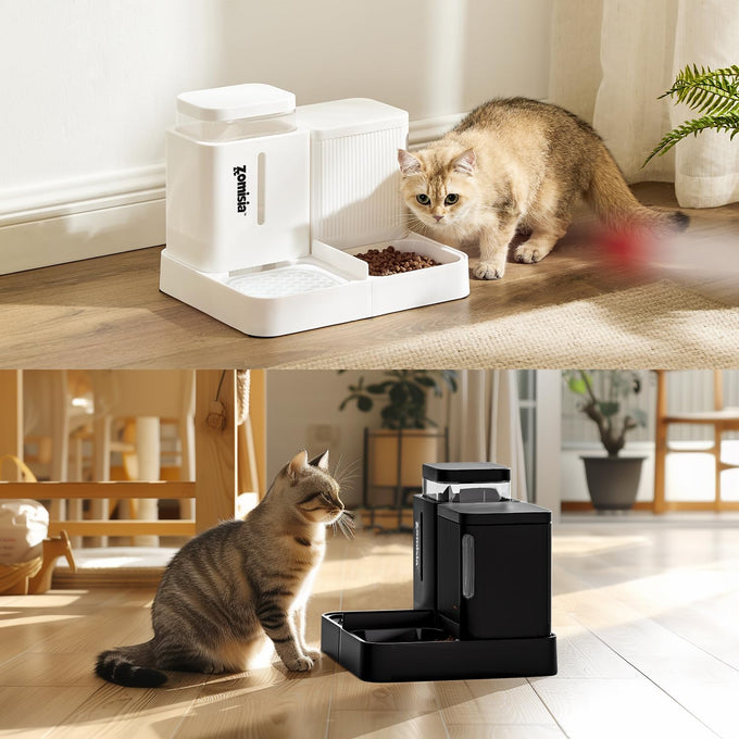 zomisia automatic cat feeder and water dispenser set with 180 degree rotatable for small dogs and cats black 0.8 gallon x 2