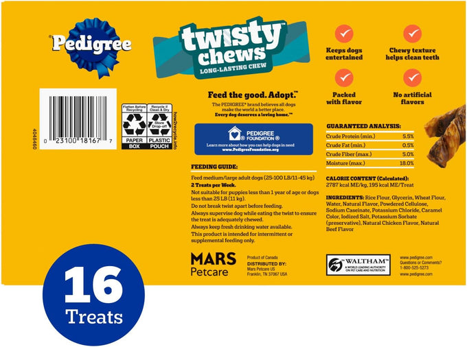 Pedigree twisty dog chews medium large 9.17 oz chicken beef flavor pack of 4 16 count