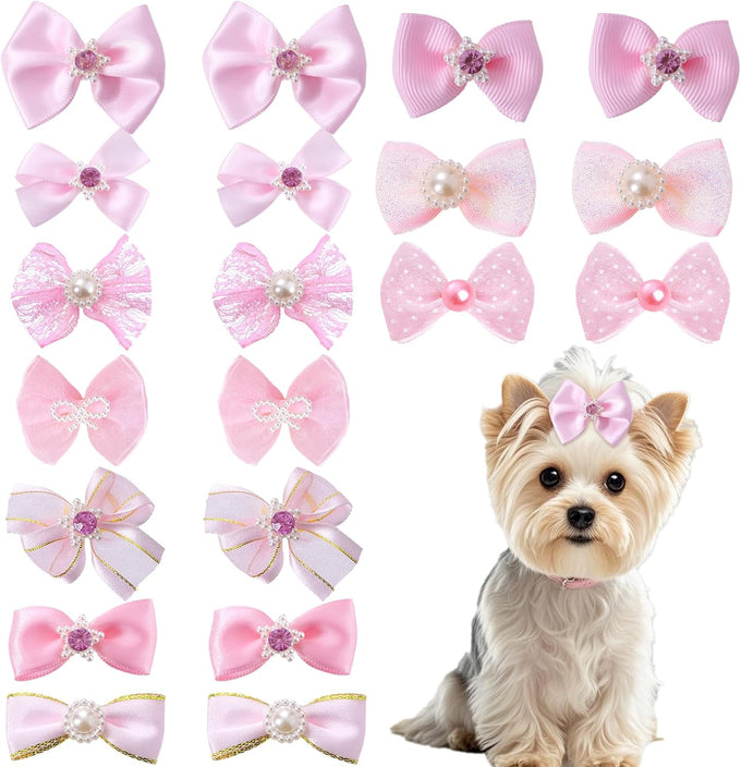pink dog hair bows set with rubber bands, 10 pairs, 20 pieces, handmade mix style for small, medium, large dogs