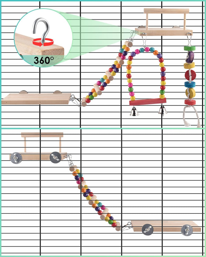 dbness 5in1 wooden bird perch toys for parakeet parrot cage accessories with climbing ladder swing and perches