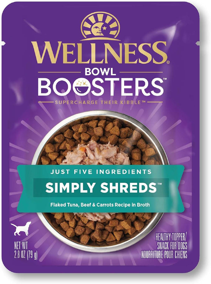 Wellness Bowl Boosters Simply Shreds Variety Pack Wet Dog Food Topper for Small, Medium, and Large Breeds, Grain Free, Natural, Chicken Recipes, 2.8 oz, Pack of 12 Pouches