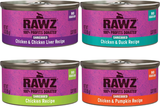 Rawz natural premium canned cat wet food shredded, 12-pack chicken variety, 4 flavors, 3oz cans