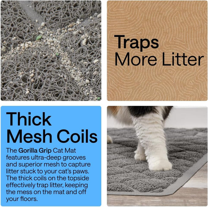 gorilla grip 24x17 gray cat litter box mat, cushioned coil mesh litter trapping mat, scatter control supplies for less mess