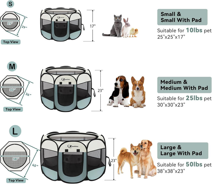 Siedihit grey small dog cat playpen, portable pop up enclosure kennel with carrying case for dogs cats rabbits