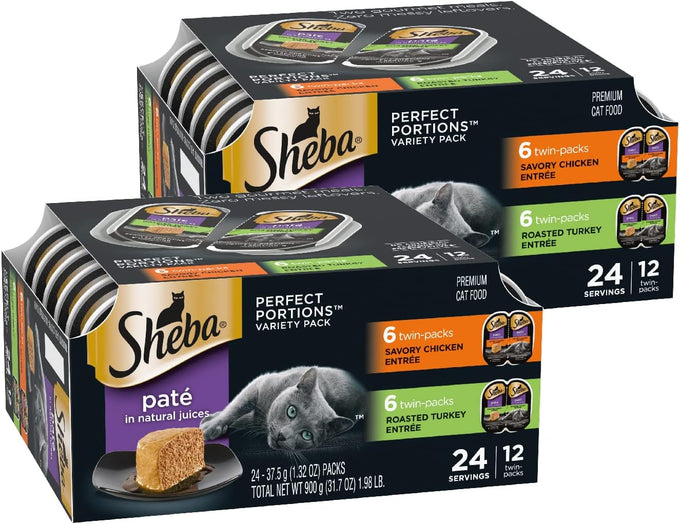 sheba perfect portions wet cat food pate with salmon, seafood, and fish variety pack, 2.6 oz twin pack trays (24 count, 48 servings)