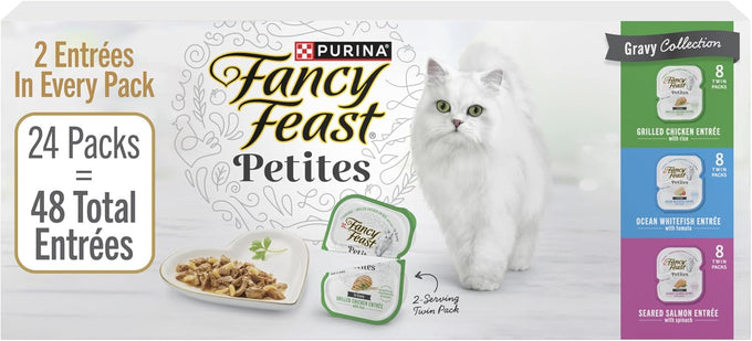 Purina Fancy Feast Gourmet Wet Cat Food Variety Pack Petites Gravy Collection 2.8 oz break-apart tubs 48 servings per pack of 24