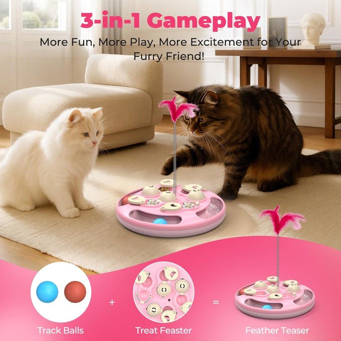 Cat Puzzle Toy Games Level 3 in 1 with Track Balls Feeder Teaser Non-Slip Base Pink