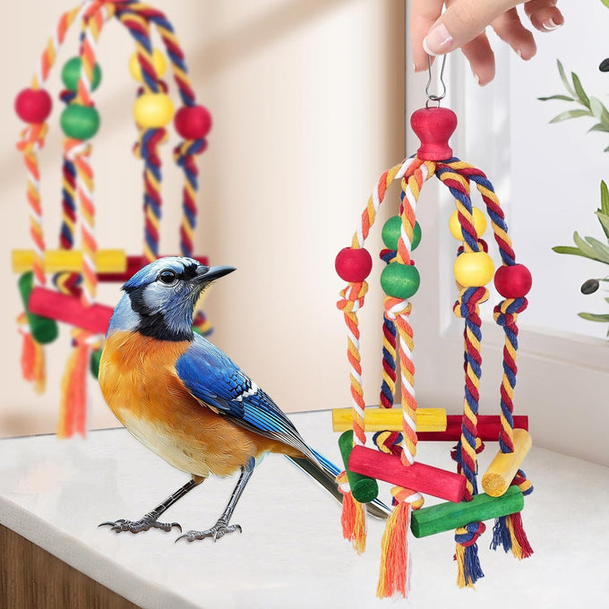 Multicolored wooden bird toys for medium and small birds, perfect for parakeet, parrot, conure, cockatiel, and budgies.