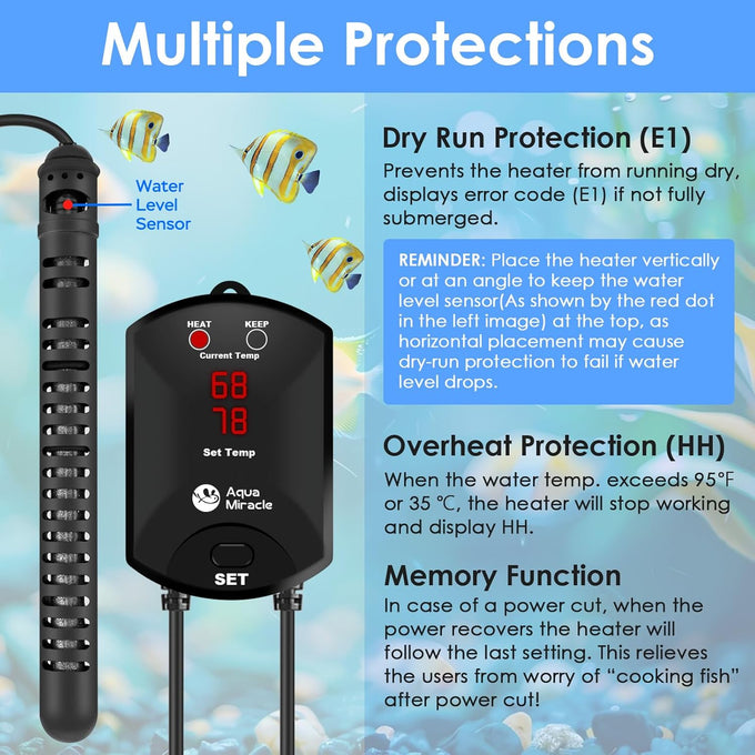 AquaMiracle 500W aquarium heater for 75-120 gallon tanks with dry-run protection and memory function