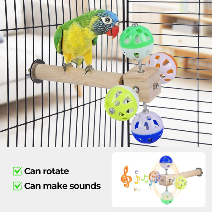 Parakeet bird toy with rotating balls, ideal for small birds, natural wood, durable surface, non-slip, 7.85 inches long