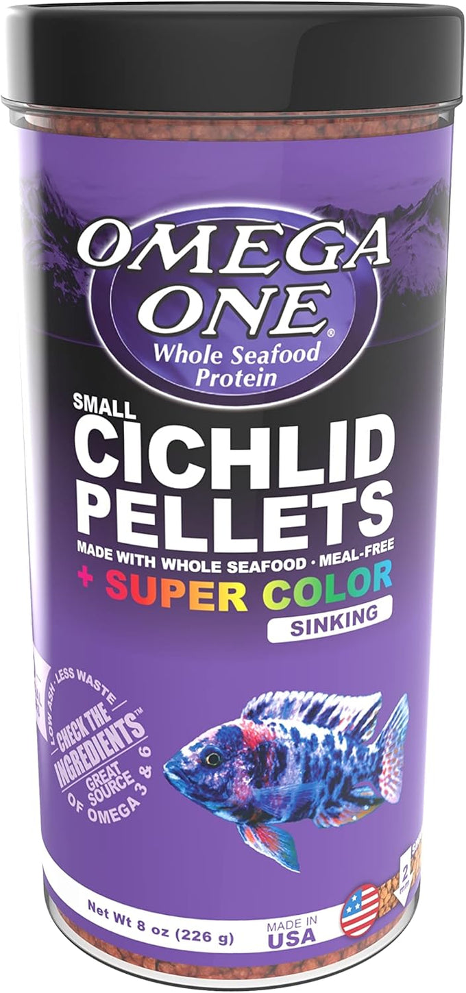 Omega One Super Color Sinking Cichlid Pellets, 2mm Small Pellets, 8 oz, Ideal Balance for Cichlids, Fresh Seafoods and Spirulina
