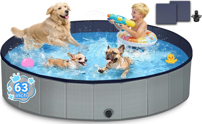Foldable Gray Kiddie Pool with Hard Plastic Non-Slip Thickened Bottom for Small Medium Large Dogs and Kids