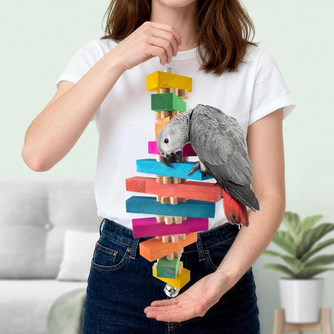 dbness 16.54in large bird toys for parrot, 2pc colorful natural wood block chew toy with bell