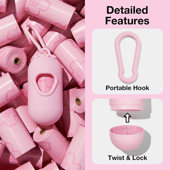 Vetreska pink cherry blossom scented dog poop bag dispenser with 105 leak proof pet waste bags for cats
