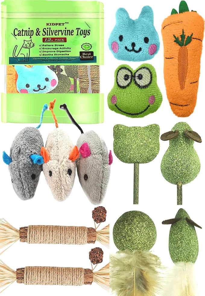 green 12 pack premium organic catnip toys for cats silvervine sticks balls mouse kicker teething toys kittens enrichment