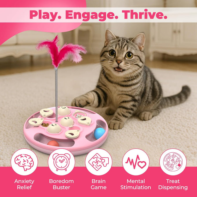 Cat Puzzle Toy Games Level 3 in 1 with Track Balls Feeder Teaser Non-Slip Base Pink