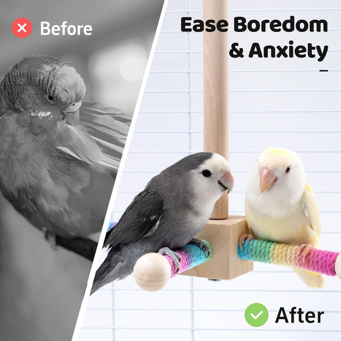 9" Wooden Bird Perch Toy for Cage, 360° Silent Free-Spin, Natural Material, Reduces Boredom Anxiety, for Small to Medium Birds, with Poplar Swing