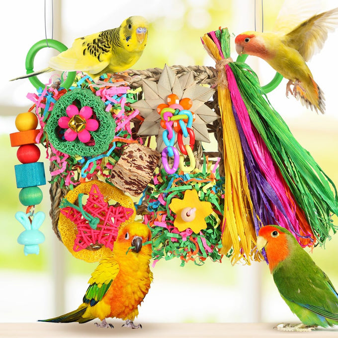 YIXUND Foraging Playground Bird Toys for Parakeets, Parrots, and Small to Medium Birds with Eco-Friendly Seagrass and Natural Wood Chew Toys