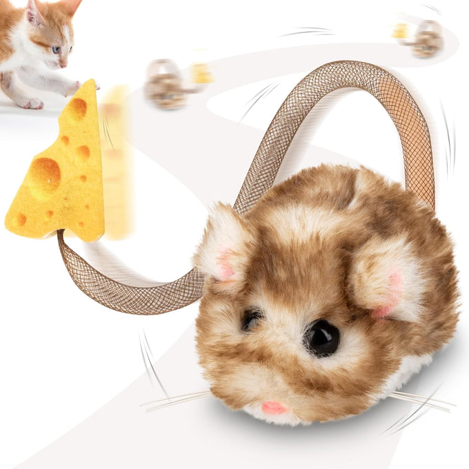 Migipaws Interactive MigiMouse Cat Toy: 360° Rolling, Rechargeable, Squeak, Realistic, Brown Long