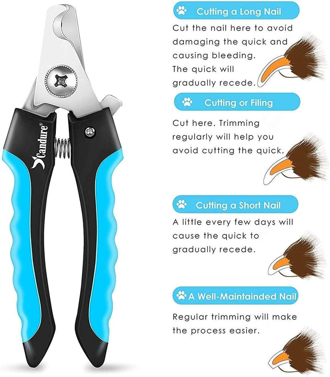 Candure pet nail clippers with safety guard for medium-large breeds, nail file, and ergonomic design