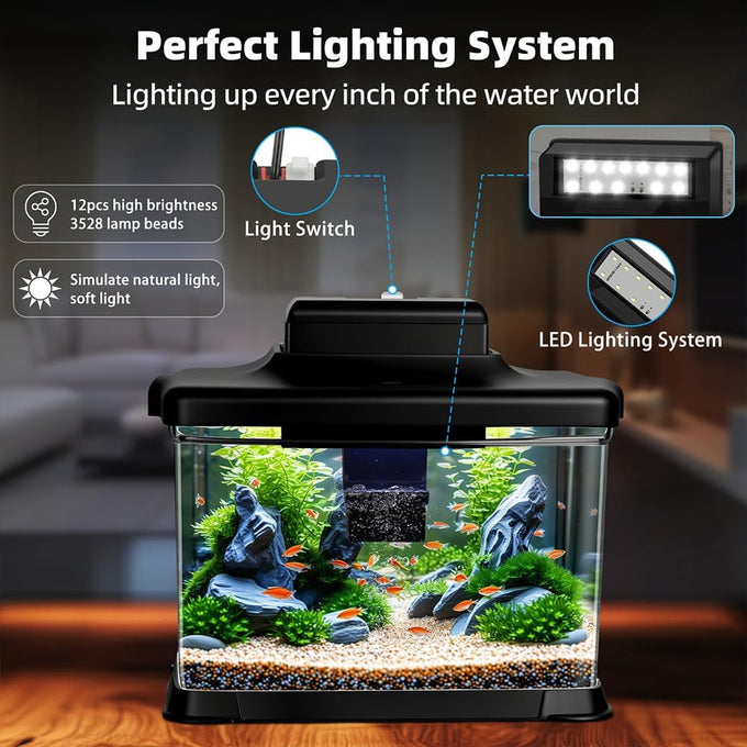 DaToo 1.6 Gallon Ultra-Clear Fish Tank Aquarium Starter Kit with LED Lighting and Filter System for Small Fish and Shrimp