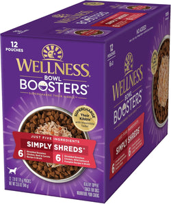 Wellness Bowl Boosters Simply Shreds Variety Pack Wet Dog Food Topper for Small, Medium, and Large Breeds, Grain Free, Natural, Chicken Recipes, 2.8 oz, Pack of 12 Pouches
