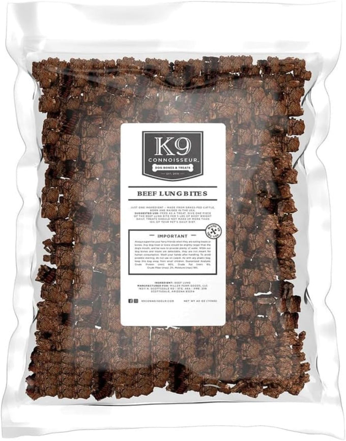 K9 Connoisseur beef lung treats, all natural, lean, grain free, bulk, USA made, single ingredient, for all breeds and sizes, 2.5 lbs