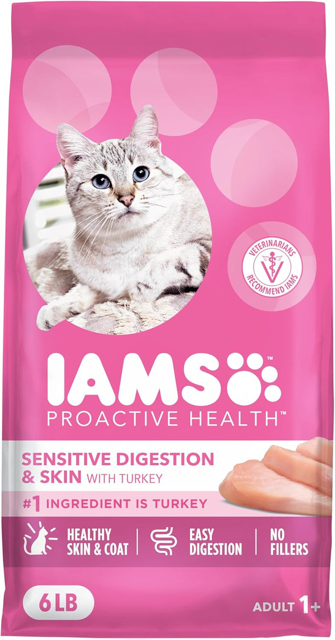 iams proactive health sensitive digestion & skin dry cat food with real turkey 13lb bag for adult cats