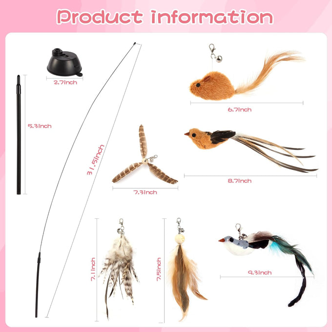 maiguangta interactive bird simulation cat toy set with detachable feathers and suction cups, 6 pcs cat wand toys