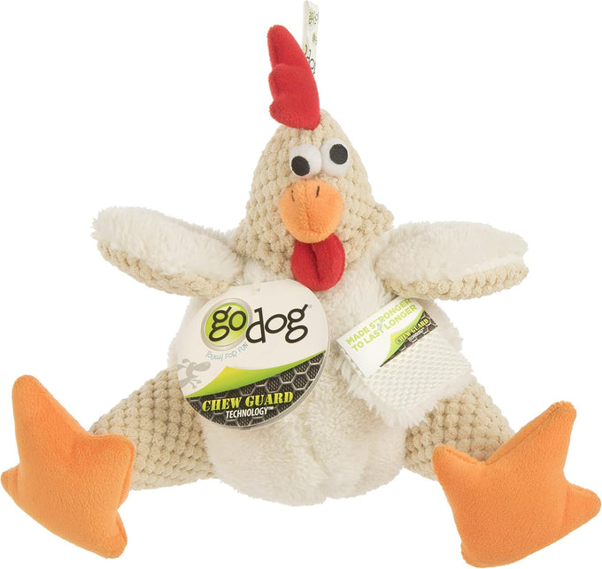 goDog Checkers Fat Rooster Squeaky Plush Dog Toy with Chew Guard Technology - White, Large Model, Soft and Durable Design