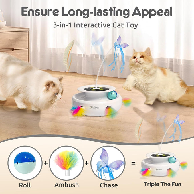 orsda 3-in-1 automatic interactive electronic cat toy with feather fluttering butterfly usb rechargeable