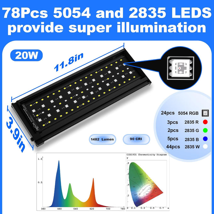 seaoura 24/7 cycle aquarium light for 12-20 inch tanks, full spectrum + 7 colors, adjustable brightness and height, 20w