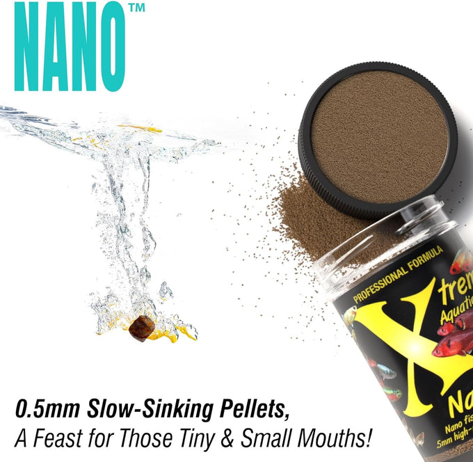 Xtreme Nano 0.5mm sinking pellets for community fish like tetras, barbs, and guppies, high-protein krill-based formula with vitamins and minerals, made in the usa