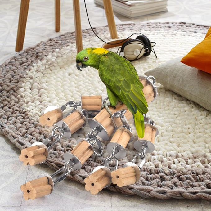KATUMO 304 Stainless Steel and Natural Hardwood Large Bird Parrot Toy with Detachable Parts for Macaws, Cockatoos, African Greys