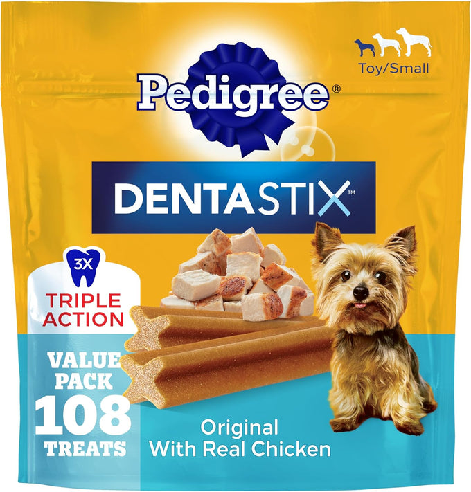 Pedigree Dentastix original dental chews for small toy breed dogs with real chicken, 108 treats, 1.63 lb bag