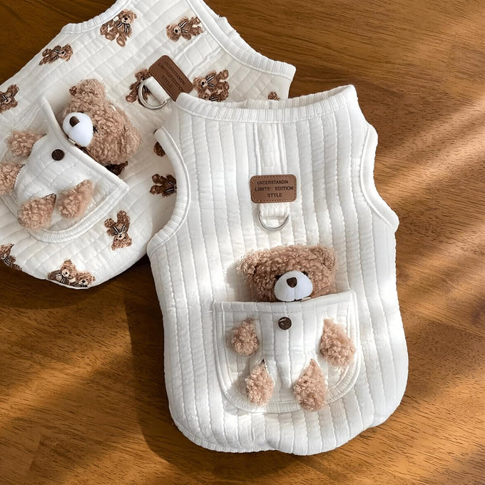 Cute pet apparel plush bear pattern cartoon dog clothes white 11-20lbs sleeveless pullover