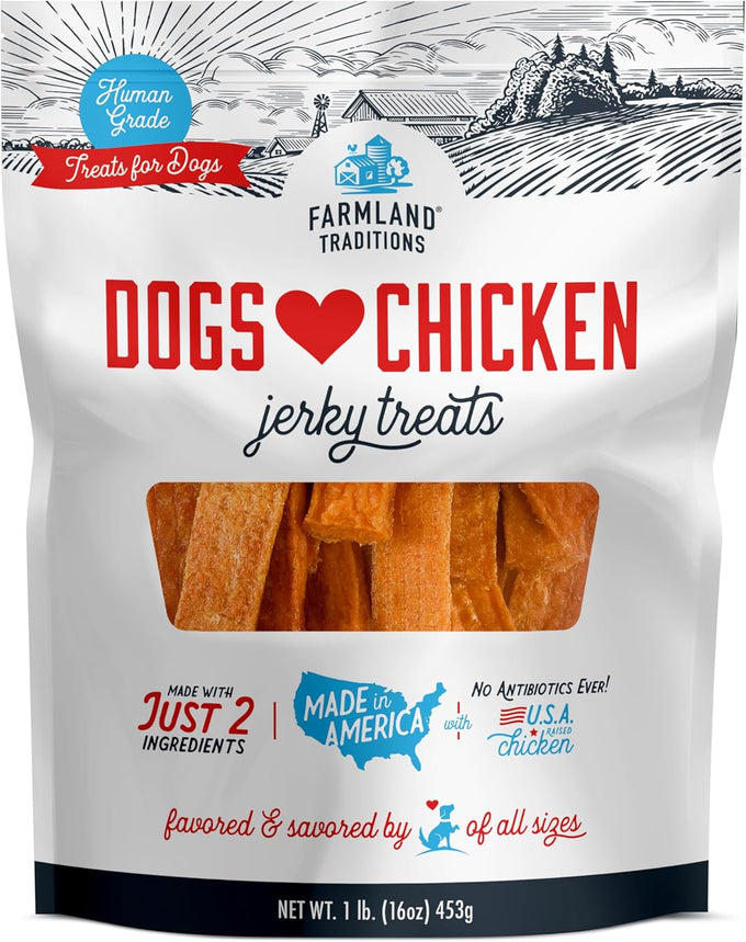 Farmland Traditions premium USA-raised chicken jerky dog treats, human-grade, no antibiotics, 1 pound bag