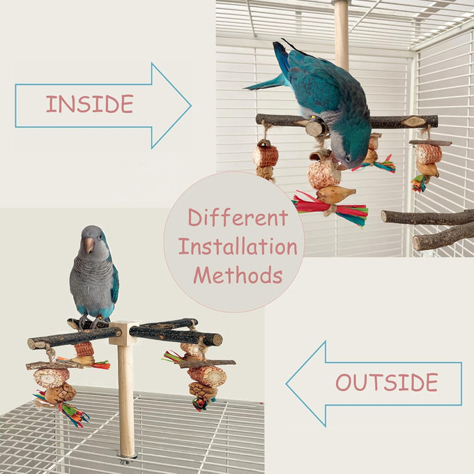 Bird Perch 360° Rotating Wooden Stand with Natural Chew Toys for Small Parrots and Conures
