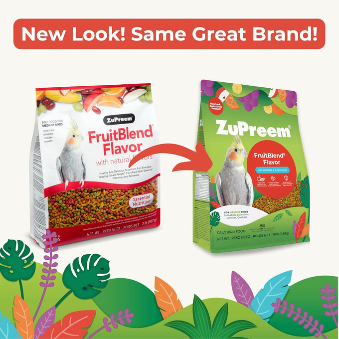 ZuPreem FruitBlend Bird Food for Cockatiels, Quakers, Small Conures, Lovebirds, Lorikeets, Core Nutrition with Natural Fruit, 2 lb Bag, Medium Pellet Size