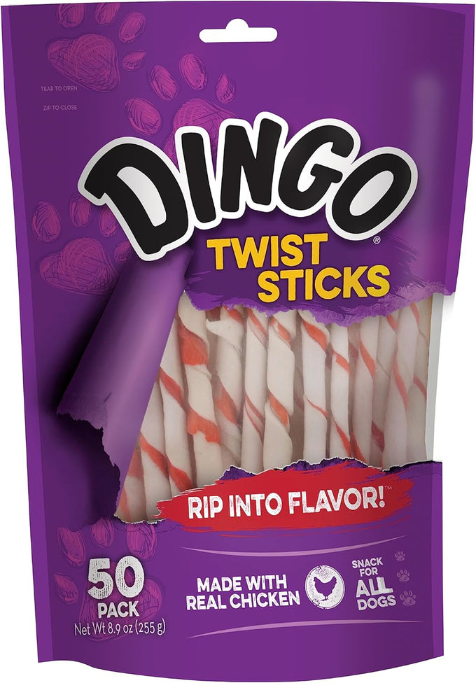 Dingo Twist Sticks Rawhide Chews for Dogs, Made with Real Chicken, 50 Count, Great for All Sizes
