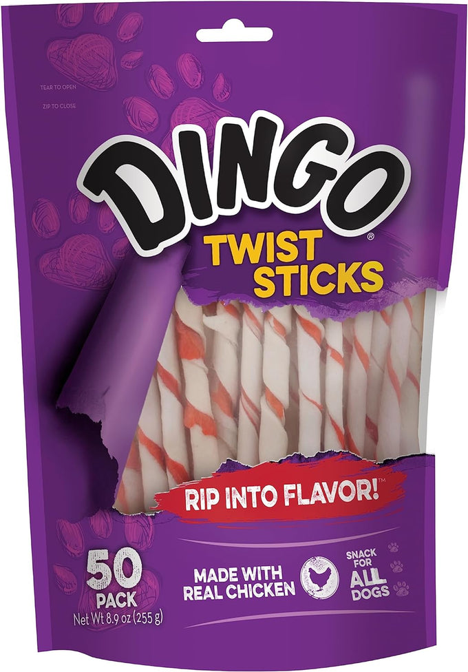 Dingo Twist Sticks Rawhide Chews for Dogs, Made with Real Chicken, 50 Count, Great for All Sizes
